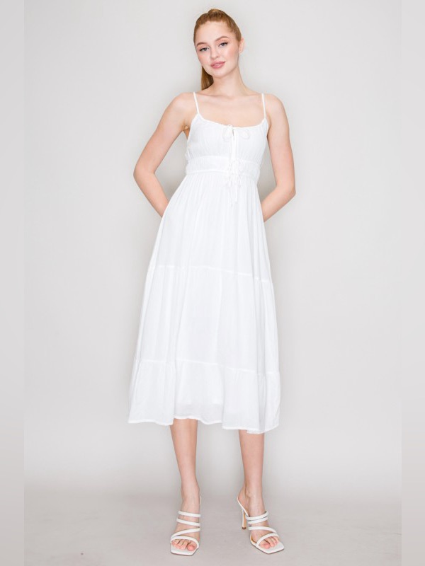 White Spaghetti-Strap Front-Tie Cinched Smocking Tiered Midi Dress